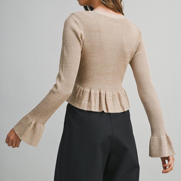 Mocha Gold Shimmer Lurex Knit Top With Rhinestone Gold Tone Buttons - Picture 7 of 10